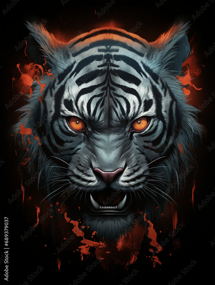 tiger looks angry with deep red eyes, in the style of dark silver and dark orange created with Generative Ai