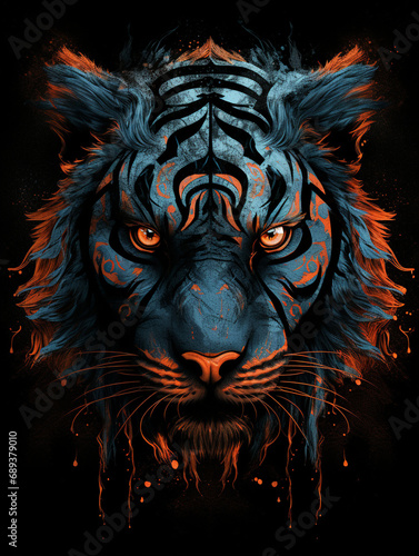 tiger looks angry with deep red eyes  in the style of dark silver and dark orange created with Generative Ai
