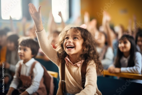 Education, elementary school, learning and people concept. group of school kids with teacher sitting in classroom and raising hands