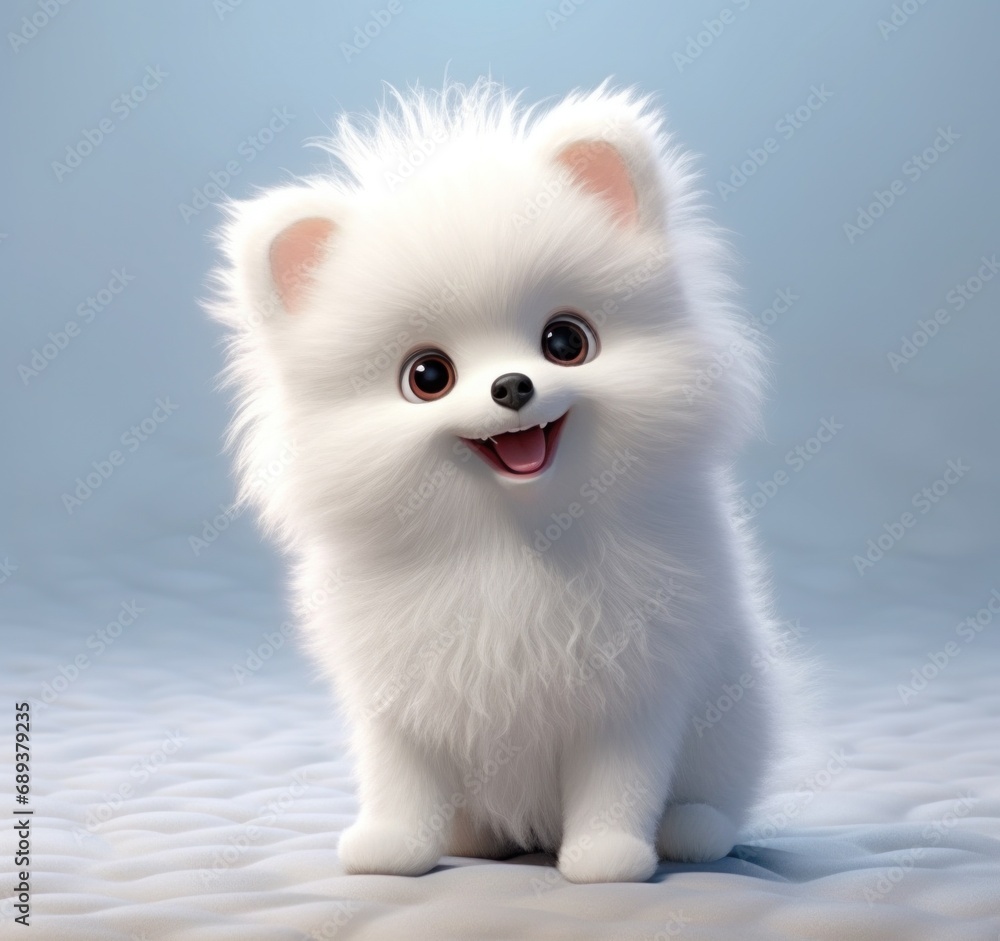 the white pomeranian is standing on a tile,