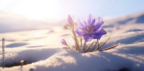 the sun beams down on snow and a purple flower,