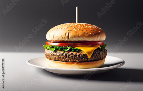 Appetizing hamburger with vegetables and meat and on black background