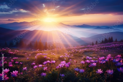 the sun is rising over hills of flowers