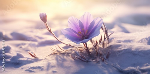 the sun beams down on snow and a purple flower, © olegganko