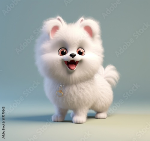 the white pomeranian is standing on a tile,