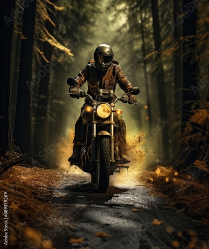 this image shows a man riding his motorbike through a forest,