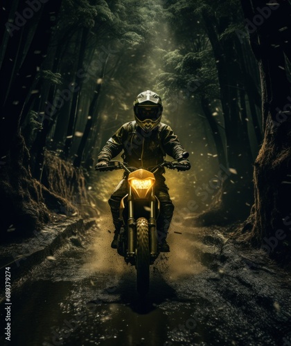 this image shows a man riding his motorbike through a forest,