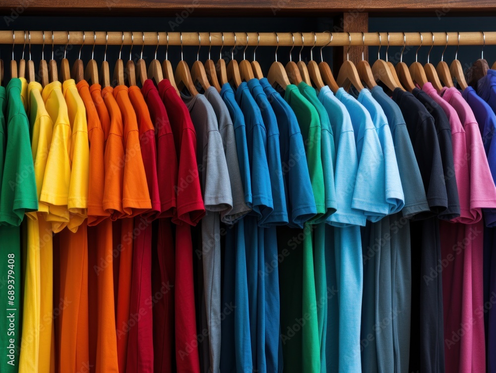 tshirt colors displayed on a rack,
