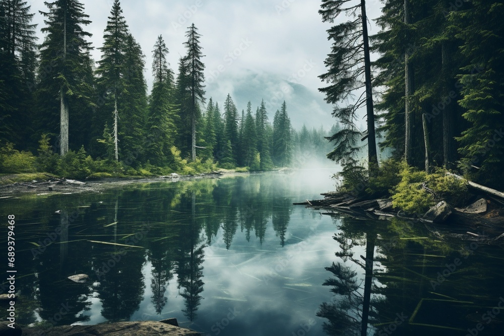 A serene lake surrounded by pine trees with their reflection in the water.