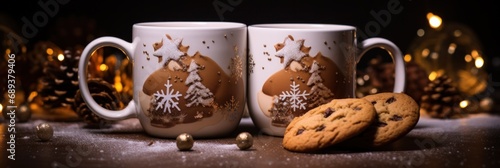 two brown mugs, cup and cookies in the background,