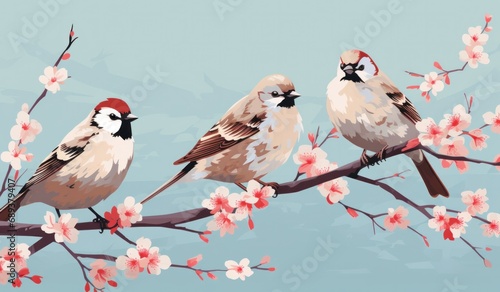 three sparrows on branch taking rest from blossoms,