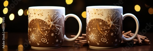 two brown mugs, cup and cookies in the background,