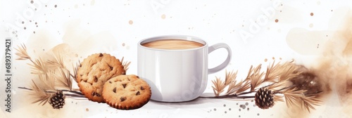 two brown mugs, cup and cookies in the background,