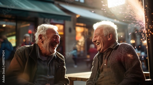 two elderly men laughing in an old city centre,