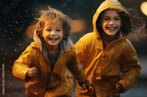 two children play in the rain outside,