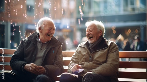 two elderly men laughing in an old city centre,