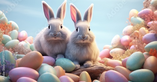 two rabbits sit in a pile of colored easter eggs,