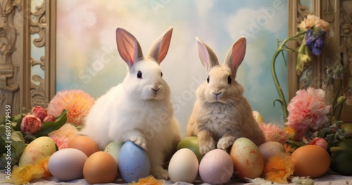 two rabbits sit in a pile of colored easter eggs 