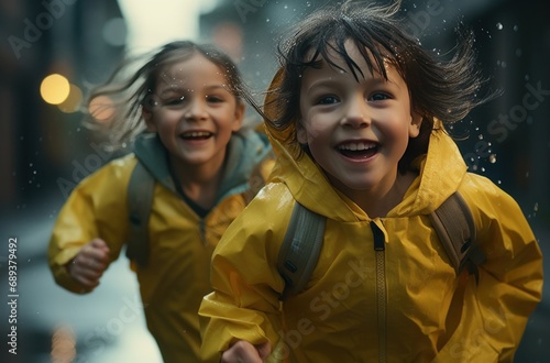 two young girls playing in rain,