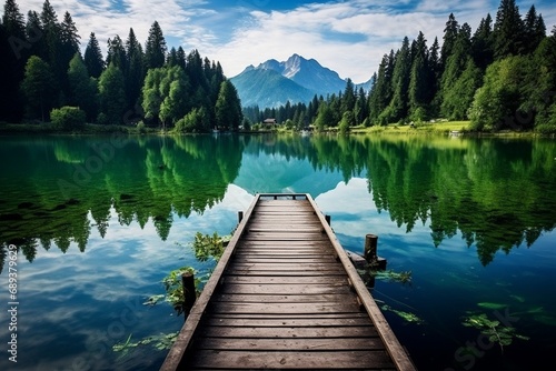 A serene lakeside scene with a wooden dock stretching into the water, surrounded by lush greenery and the reflection of distant mountains