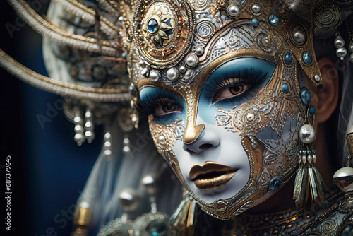 Close-up shot of a carnival performer wearing an intricate and ornate costume © Idressart