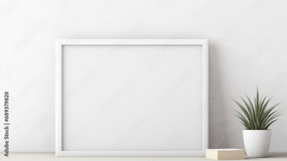 White frame with blank front, realistic on a mockup template in a white minimalist wall White frame with blank front, realistic on a mockup template in a white minimalist wall