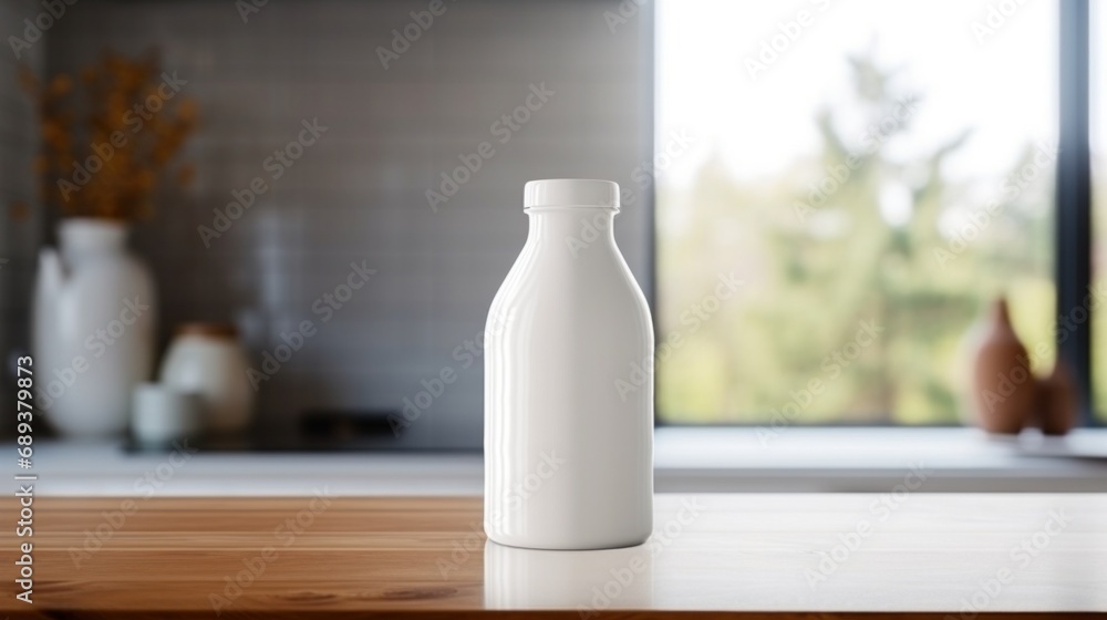 white milk bottle with blank front, realistic on a mockup template in a wooden table white milk bottle with blank front, realistic on a mockup template in a wooden table