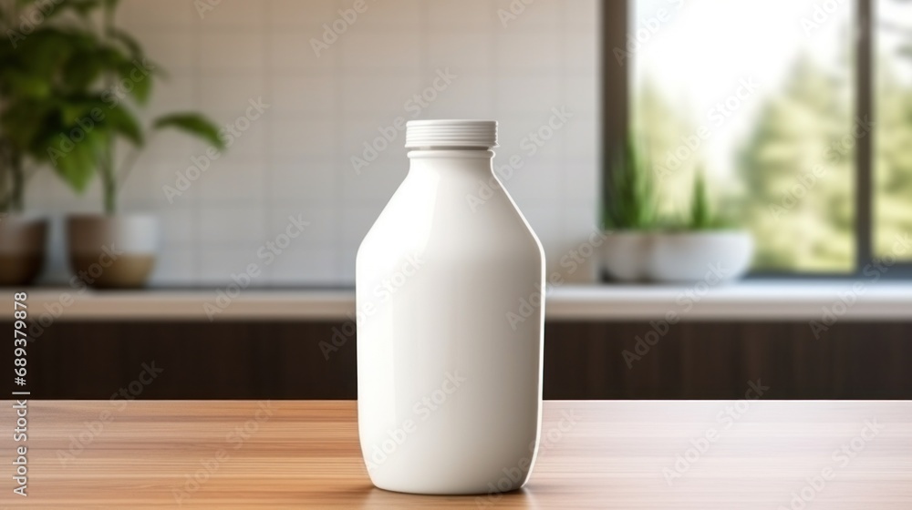 white milk bottle with blank front, realistic on a mockup template in a wooden table white milk bottle with blank front, realistic on a mockup template in a wooden table