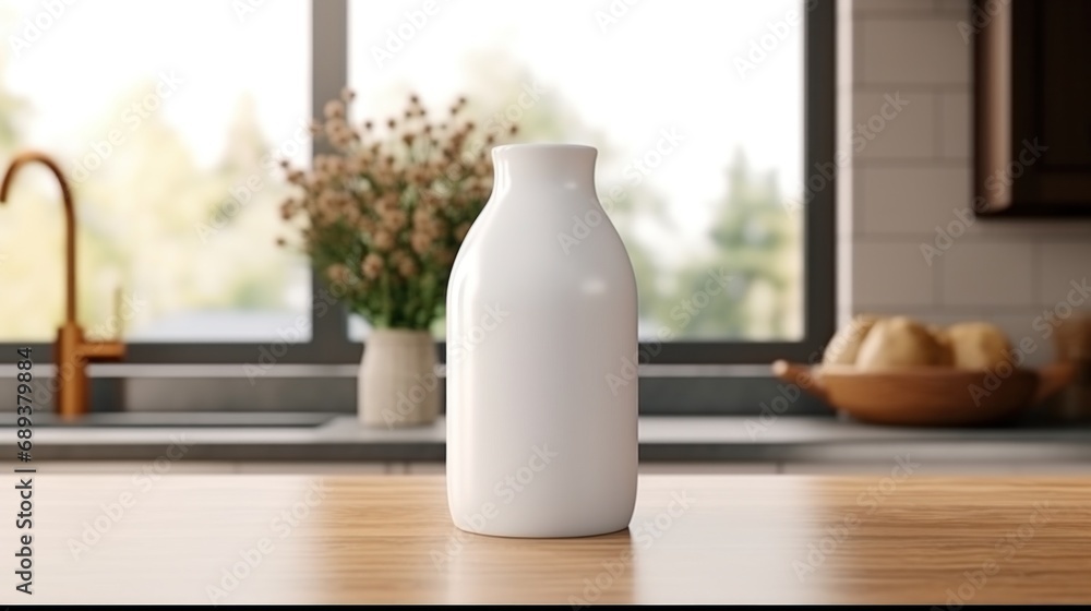 white milk bottle with blank front, realistic on a mockup template in a wooden table white milk bottle with blank front, realistic on a mockup template in a wooden table