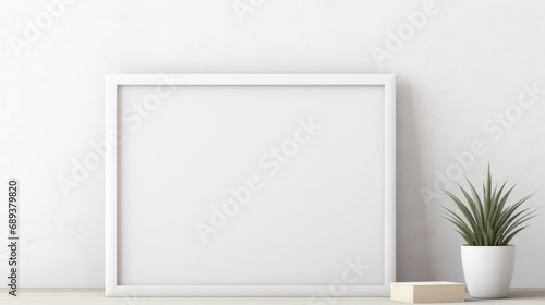 White frame with blank front, realistic on a mockup template in a white minimalist wall