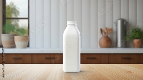 white milk bottle with blank front, realistic on a mockup template in a woode...