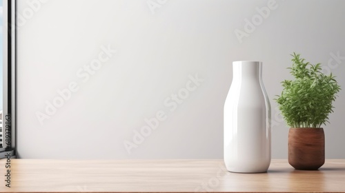 white milk bottle with blank front, realistic on a mockup template in a wooden table