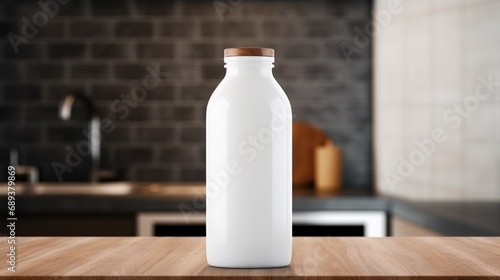 white milk bottle with blank front, realistic on a mockup template in a woode...
