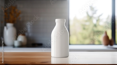 white milk bottle with blank front, realistic on a mockup template in a woode...