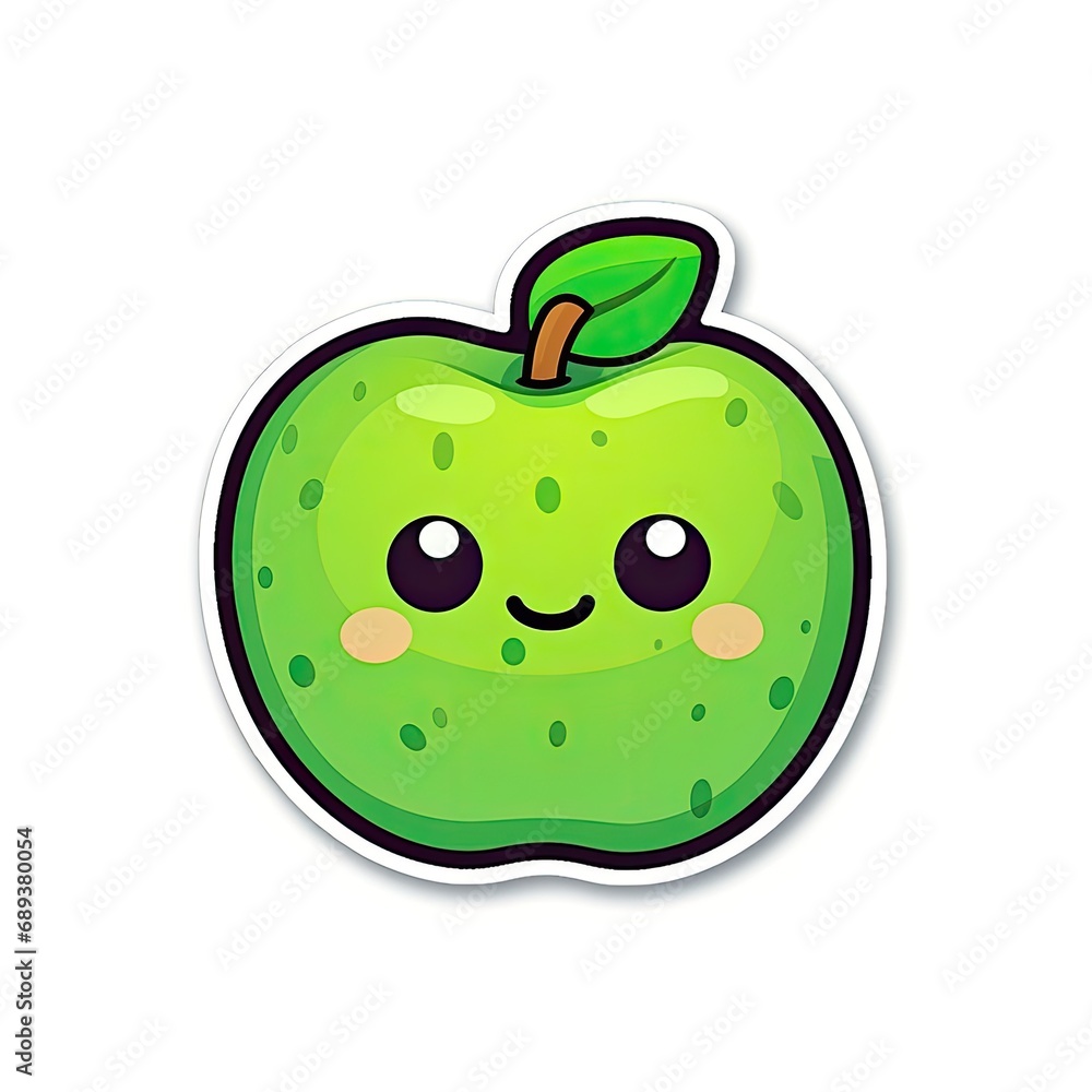 Obraz premium Green apple sticker, icon, label, print, logo. Cartoon green apple sticker isolated on white background. Collection of stickers fruits and emoji. Generative ai