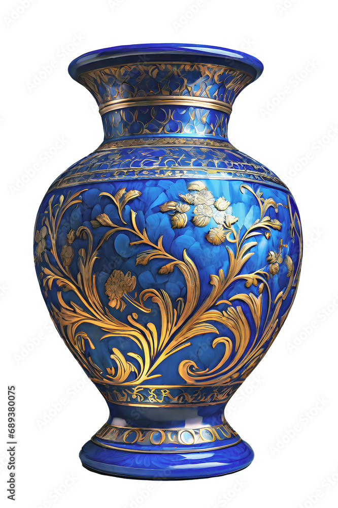 Vintage cobalt blue porcelain vase with drawn decorations for a clean, clear background generated ai