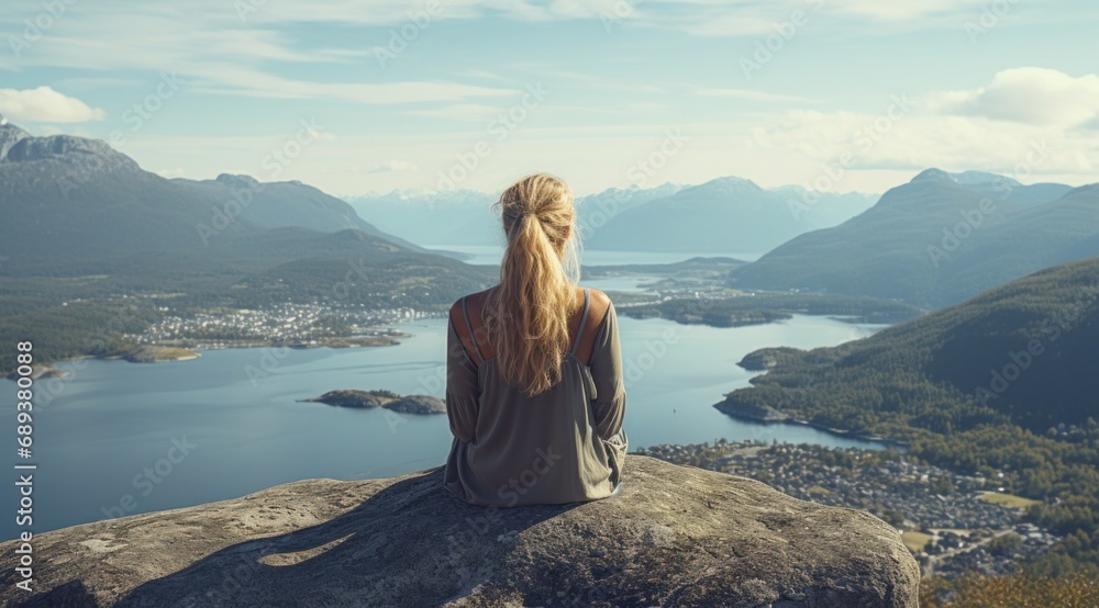 woman sits on rock that looks out over mountains and lake,