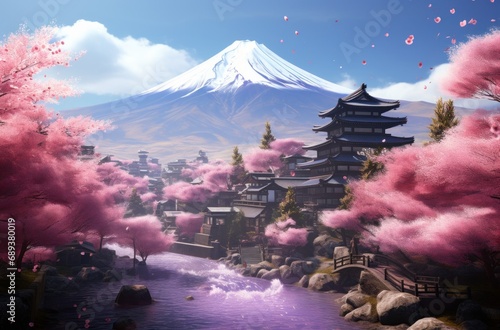 with Mount in the background of pink blossoms,
