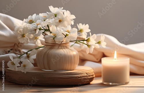 with white flowers, candles and a candle in a wooden vase,