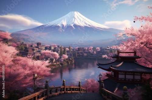 with Mount in the background of pink blossoms,