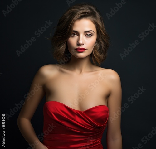 woman poses in a strapless red evening gown,
