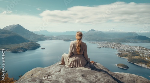 woman sits on rock that looks out over mountains and lake,