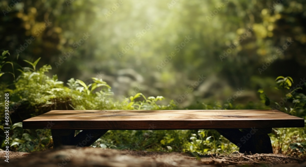 Obraz premium wooden counter with grass in the background with sun and blue sky,