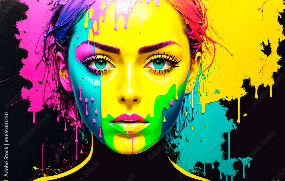 Portrait of a beautiful young woman with bright make-up and multicolored paint on her face. Beauty, fashion.