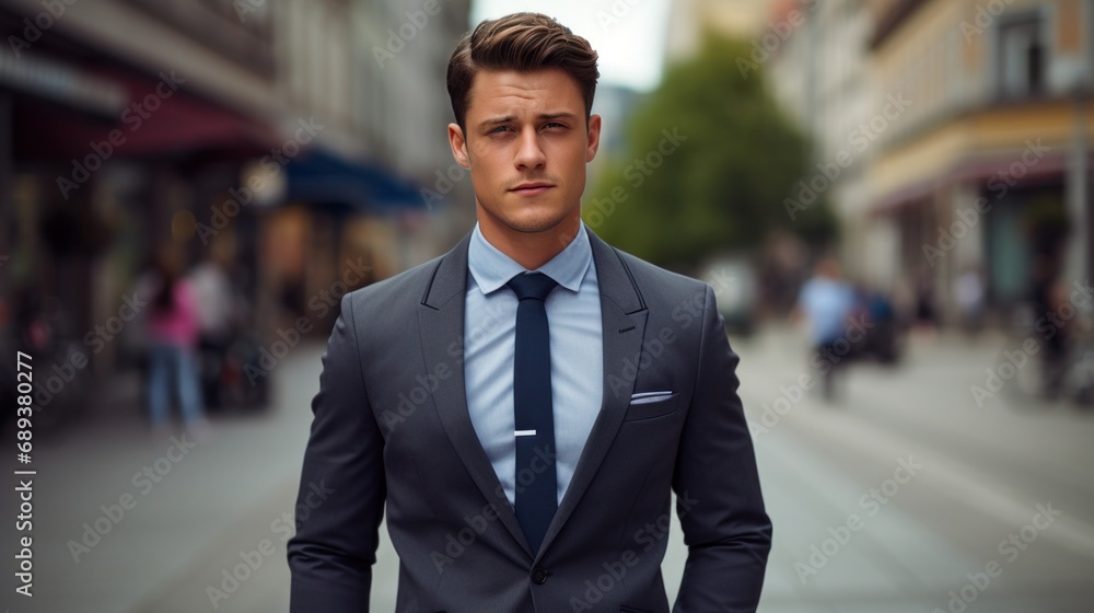 young city businessman in a suit standing in the street