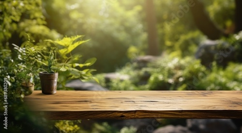 wooden counter with grass in the background with sun and blue sky, © olegganko