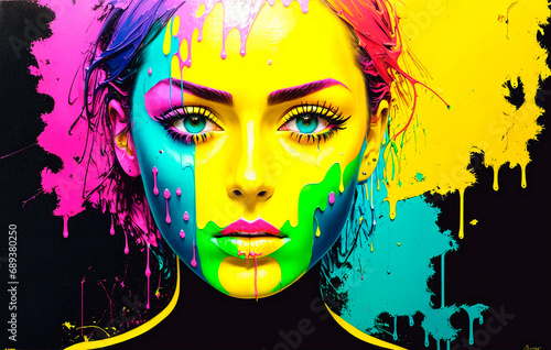 Portrait of a beautiful young woman with bright make-up and multicolored paint on her face. Beauty  fashion.