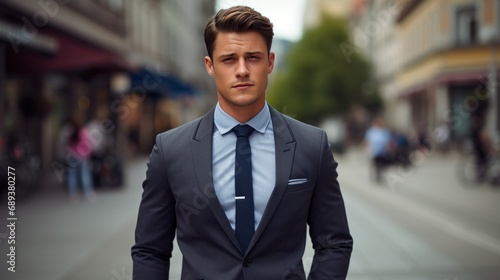 young city businessman in a suit standing in the street
