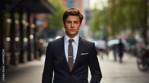 young city businessman in a suit standing in the street