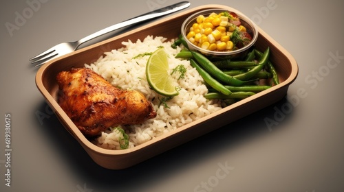 lunch box containers showcasing perfectly grilled chicken, a serving of rice, and a side of green beans with corn, that highlights the freshness and deliciousness of the meal.